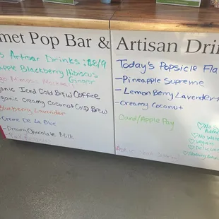 a menu for a gourmet pop bar