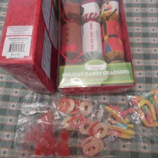 Stale hard non-edible gummy candy!  Three unopened crackers (very cute packaging) and the "Best Buy" date.  Yuck!