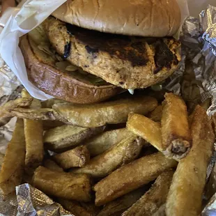 Salmon burger with fries