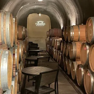 wine barrels in a wine cellar