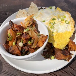 Pork hash with a side of potatoes (they were out of black beans at the time)