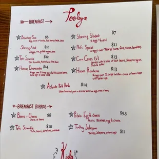 the menu for the restaurant