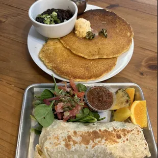 Corn cakes (top) and turkey jalapeño burrito (bottom)