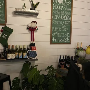 a shelf of wine bottles