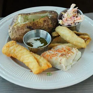 Trio: 1 piece Fried Cod, 1 piece Baked Cod, 3 piece Perch with Baked potato and house slaw
