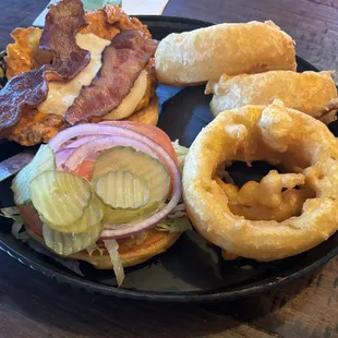 Buffalo chicken sandwich and hugh ass onion rings.