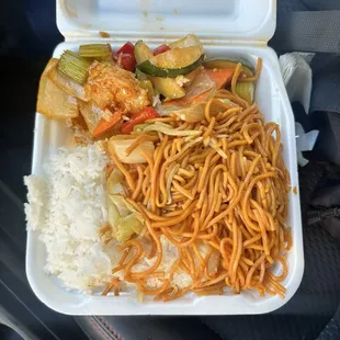 Combo Plate with white rice and chow mein. With Garlic Shrimp