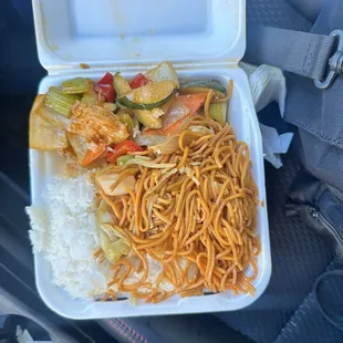 Combo plate with white rice &amp; chow mein. With Garlic Shrimp