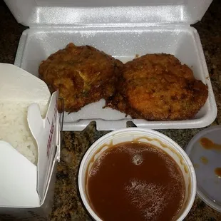 Shrimp egg foo yung...white rice and brown gravy