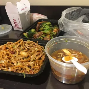 Combo Lomein. Beef with veggies. Hot and sour soup