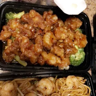 Shrimp Lo Mein, And Orange Chicken. Some regular white rice, and Pork Fried Rice.