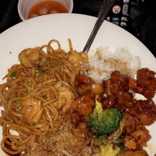 Shrimp Lo Mein, Pork Fried Rice, And Orange Chicken. Some regular white rice, too.