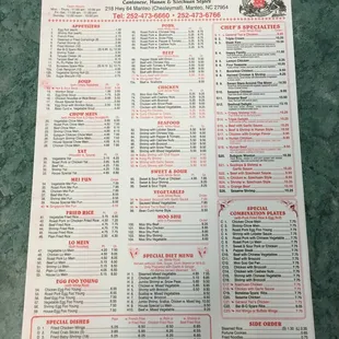 the menu of the restaurant