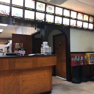 a view of a restaurant counter