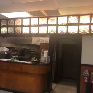 a view of a restaurant counter