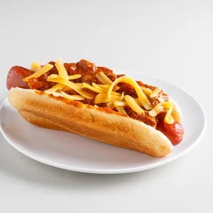 a chili dog with cheese on it