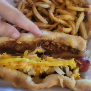 Chili cheese dog and fries.