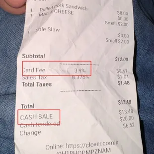 3.9% Card Fee on a CASH sale.