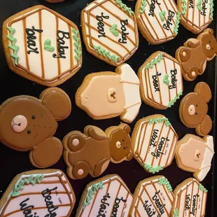 a tray of decorated cookies