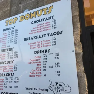 a menu for a donut shop