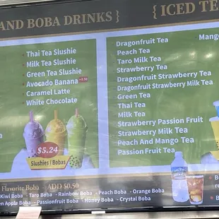 Slushy and iced tea menu