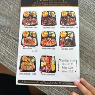 a menu for a variety of foods