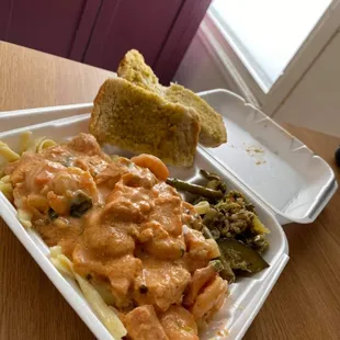 Shrimp and salmon fettuccine alfredo with pink sauce