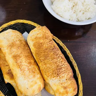 Complimentary sesame bread and rice