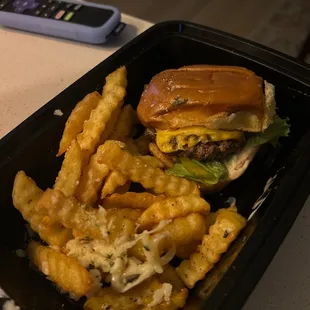 Beef sliders and truffle fries.