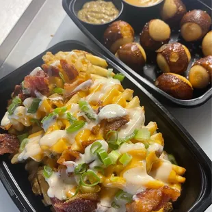 Loaded Waffle Fries and Pretzel Bites