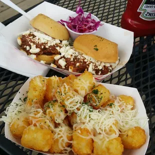 Brisket sliders and tots with Monterey jack. If you are in the Fort Worth area you need to this food truck!!!!
