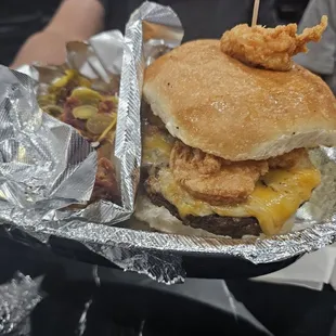 Top Notch Cheeseburger with Fried shrimp