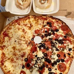 1/2 deluxe 1/2 cheese, 2 orders of cinnamon rolls