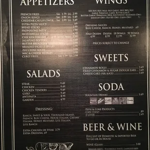 a menu for appetizers and wings