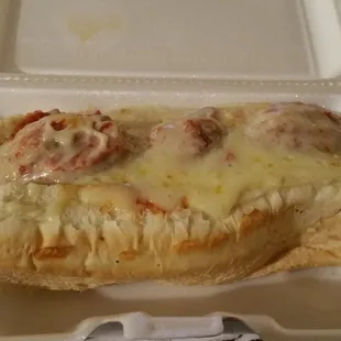 Meatball hoagie with extra cheese. Very good, just wish the bread was toasted more.