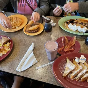 French Toast Breakfast, Bacon, The Morning Glory Breakfast, Peanut Butter Pancakes, Chicken and Belgian Waffle Breakfast