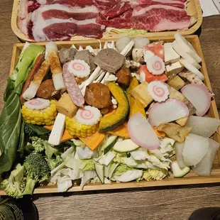 Hot Pot with Sukiyaki Broth and Mushroom Broth