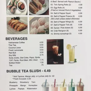 a menu for bubble tea