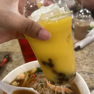 Mango boba  and medium shrimp pho in beef broth