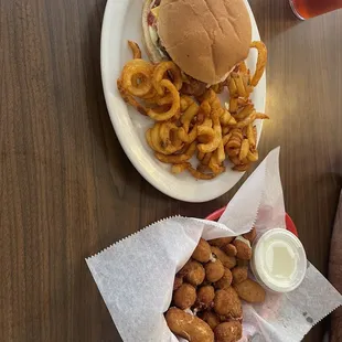 Bacon cheese burger, fries and cheese curds