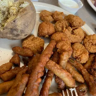 Fried Shrimp Special with Baked Potato, Fried Green Beans and Hushpuppies