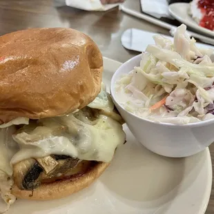 My mushroom &amp; Swiss burger with a side of Cole slaw.