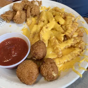 Fried Shrimp Special with Cheesy Fries and Hushpuppies