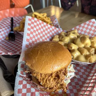 Nashville Hot Chicken sandwich, cheesy tots, and curly fries