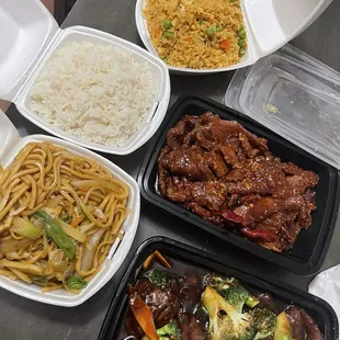 Orange beef beef broccoli chow mein white rice and fried rice