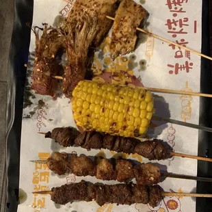 Grilled Lamb, Chicken, chicken heart, corn, bacon enoki, beef throat