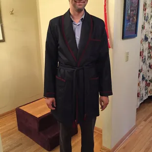 Jon B. in his silk wool smoking jacket, a very special custom client, commissioned by his wife