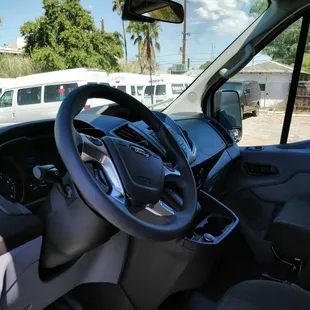 Driver's seat of our new Ford Transit 350 van!