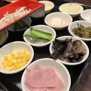 Tray of soup ingredients