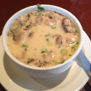 Coconut chicken tom kha. Lots of chicken mushrooms piping hot 3.75 delish